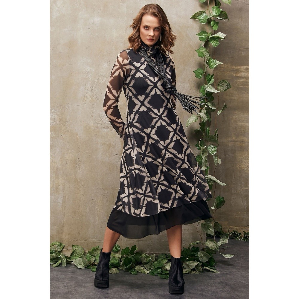 Kozan Mallory Mesh Midi Dress M Medium Black Optic Tie Dye Abstract Lagenlook